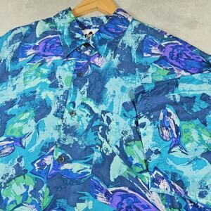 Vintage Hilo Hattie Hawaiian Shirt Mens Large 100% Silk Tropical Fish Nautical